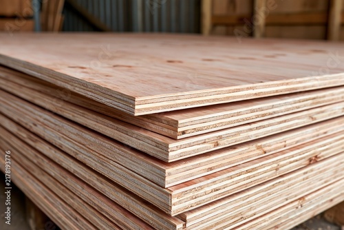 Stacked plywood boards showing layered edges inside a wood workshop