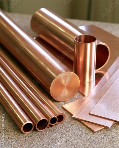 Copper pipes sheets and cut samples in an industrial still life