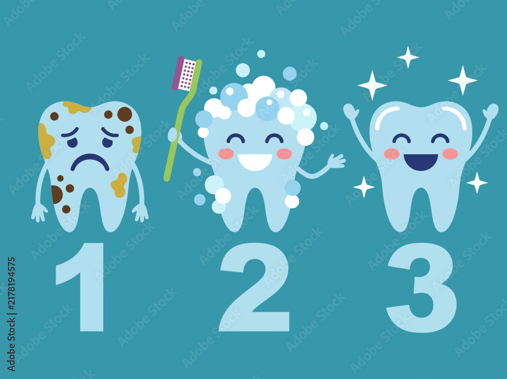 Fototapeta premium Cute Tooth Brushing Process Illustration for Kids - Dental Hygiene Sequence