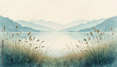 Watercolor painting of a serene meadow by a lake with tall reeds gently swaying in the wind and distant mountains