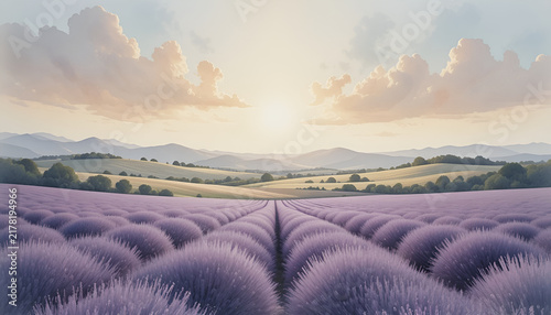 Serene lavender field landscape, watercolor style, hills in the background, bright sky