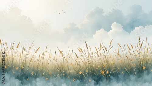 Airy watercolor field of tall wild grass under glowing sky with soft clouds