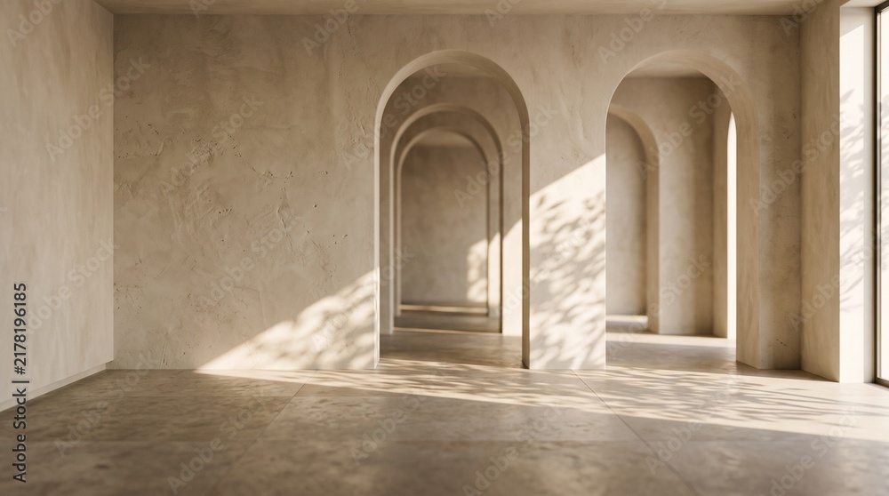 Fototapeta premium Minimalist Interior with Arched Passageways and Natural Lighting