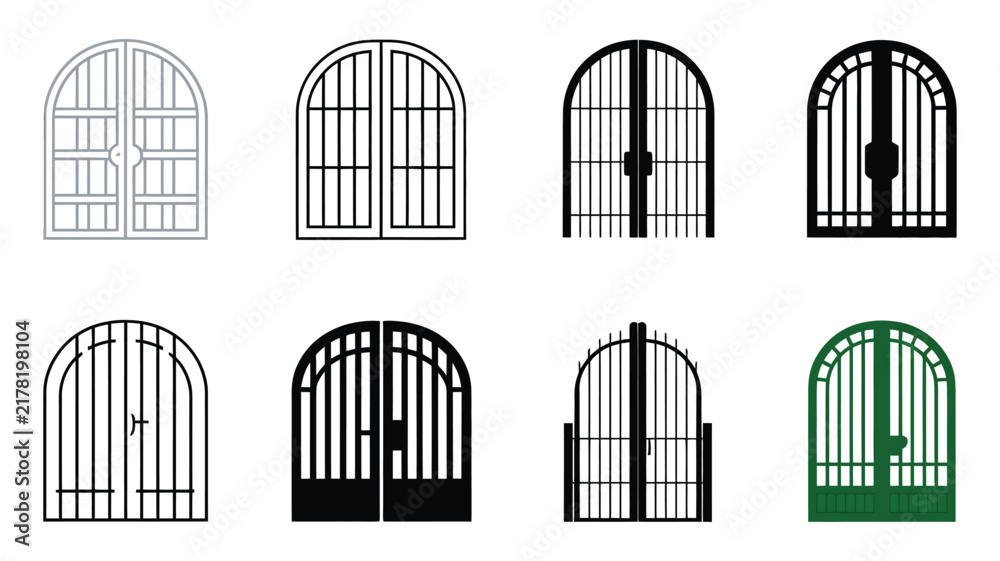Fototapeta premium Door icons featuring line art, silhouettes, and colorful entranceway designs for architecture.