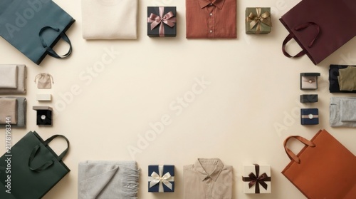 Shopping bags and gift boxes arranged as a border frame