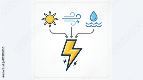 Renewable energy icons showing solar wind and water power generation