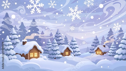 Cute Cartoon Winter Blizzard Illustration with Snow Covered Wooden Cabins Pine Trees and Falling Snowflakes Vector Landscape