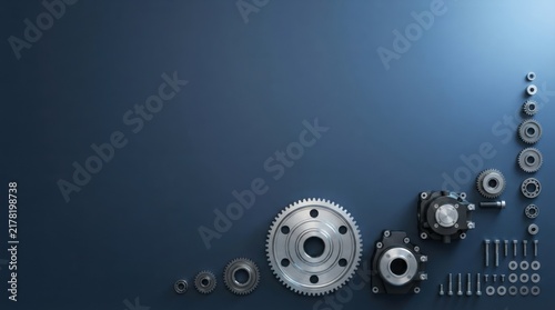Set of various metal gears and mechanical parts on dark blue background