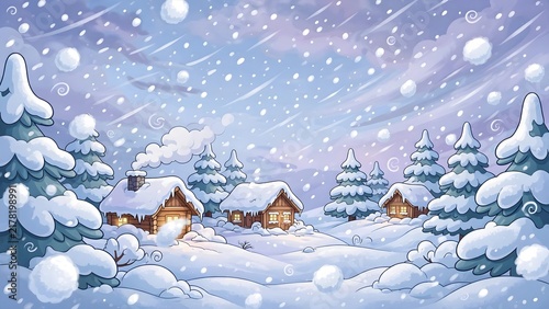 Cute Cartoon Winter Blizzard Illustration with Snow Covered Wooden Cabins Pine Trees and Falling Snowflakes Vector Landscape