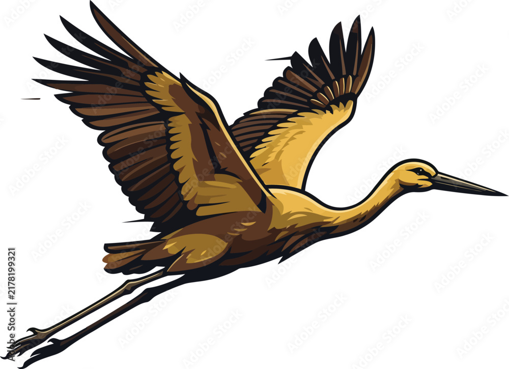 Fototapeta premium A stylized illustration of a crane bird in flight with outstretched wings.