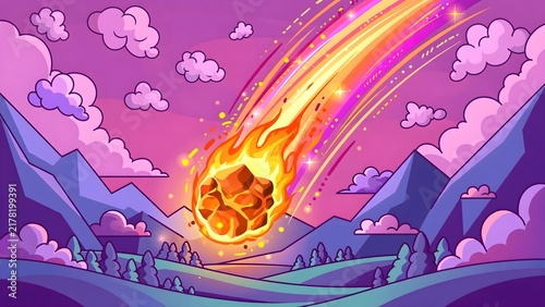 Cartoon Meteor Impact Vector Illustration with Fiery Asteroid over Stylized Mountain Valley in Twilight Sky