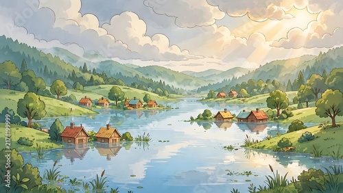 Gentle Cartoon Flooded Valley Landscape Illustration with Submerged Wooden Houses Under Cloudy Sky Vector Art