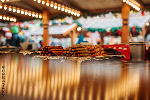View of raw sausages before grilling at the Christmas market in Wroclaw, Poland