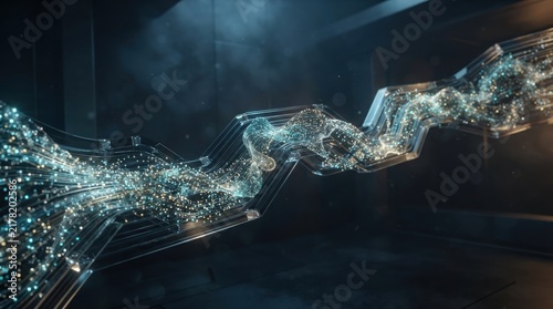 Abstract digital network connection with glowing lines and hexagonal shapes on a dark background