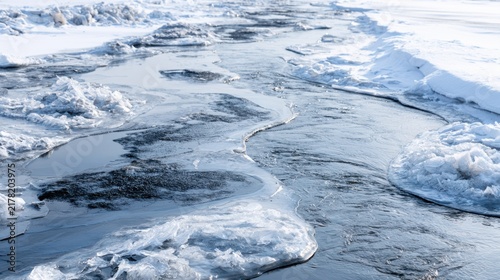 Frozen river landscape with icy banks and flowing water under a cold, bright sky