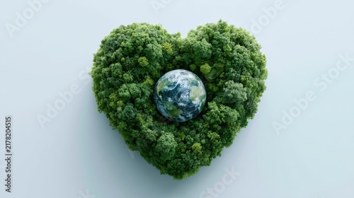 A heart-shaped wreath of lush green moss cradles a miniature globe, symbolizing environmental care and love for the planet
