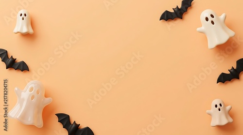 Halloween background with white ghosts and black bats on orange surface