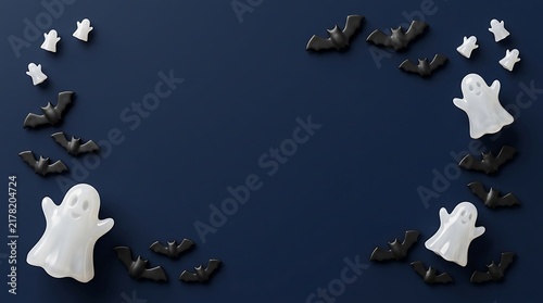 Halloween background with white ghosts and black bats on dark blue surface
