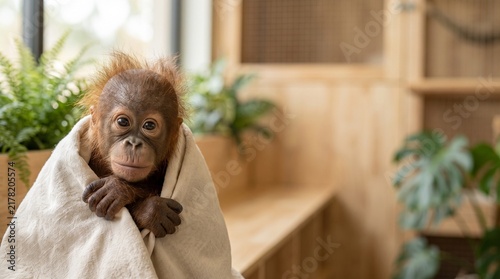 Cute baby orangutan wrapped in cozy blanket sitting in wildlife rescue center