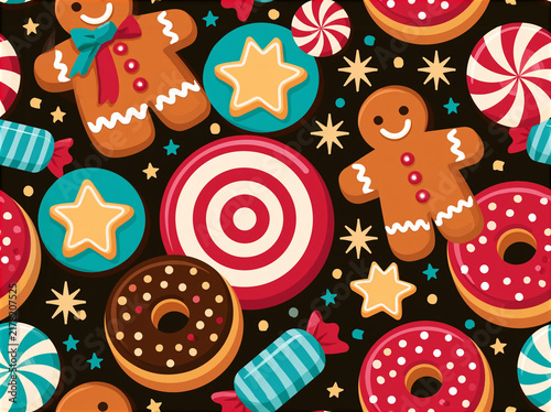 Motif répétitif de friandises de Noël vintage : bonhommes en pain d'épices, bonbons, donuts et biscuits en étoile aux teintes rétro