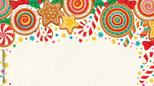 Bordure supérieure et latérale de pâtisseries de Noël rétro (roulés cannelle, pain d'épices, sucres d'orge, houx) sur fond beige avec espace texte au centre