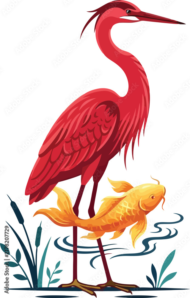 Fototapeta premium A vibrant red heron standing tall beside a golden koi fish in shallow water.