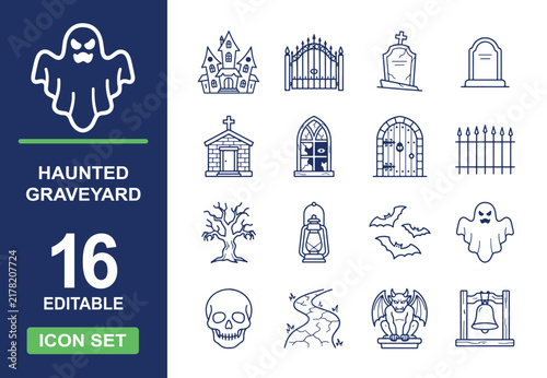 Haunted graveyard halloween line icon set vector