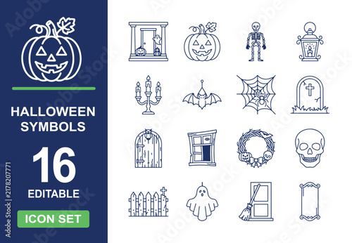 Halloween symbols line icon set vector