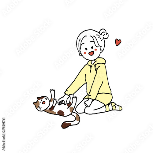 ねこと戯れる女の子のイラスト