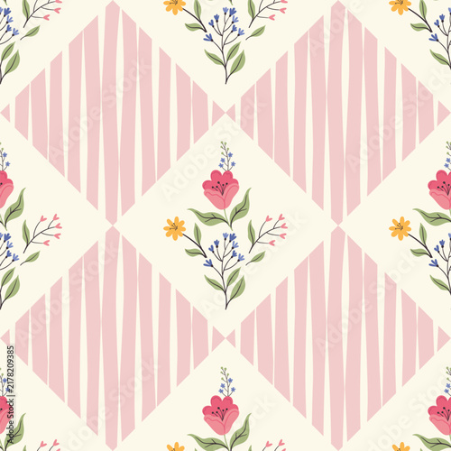 Seamless vector pattern featuring a charming blend of geometric shapes and delicate botanical illustrations.
