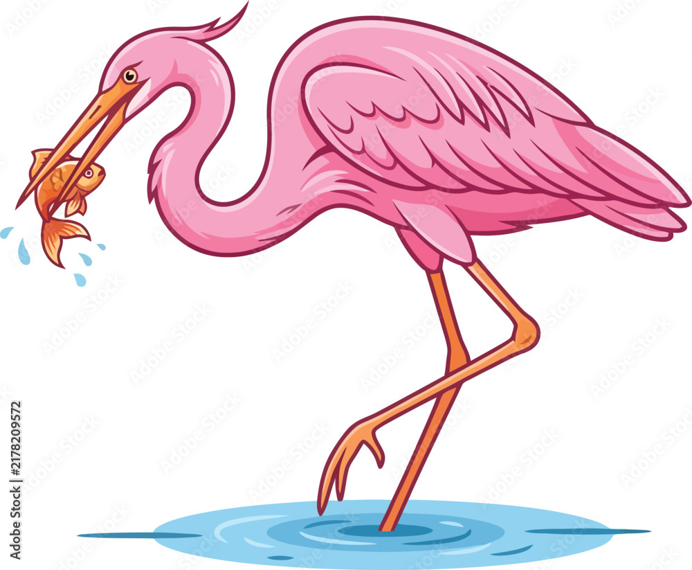 Fototapeta premium A vibrant cartoon illustration of a pink heron catching a small fish in its beak while standing in water.