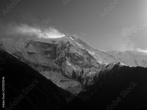 Canvas Print Majestic snow-covered mountain peak in the Himalayas, Nepal, black and white lan