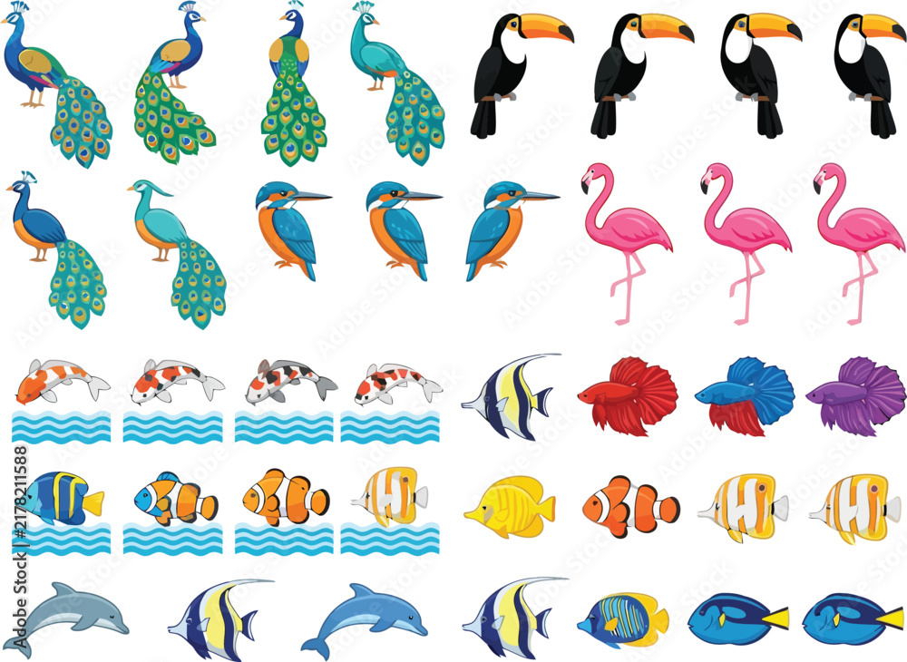 Fototapeta premium A collection of various colorful birds and aquatic animals including peacocks toucans flamingos and tropical fish.