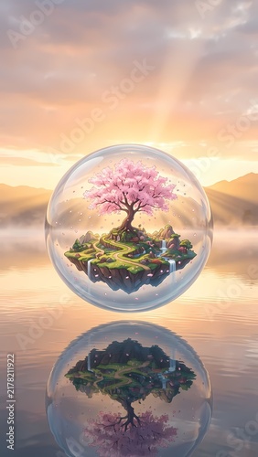miniature cherry blossom with cascading waterfalls within a floating glass orb