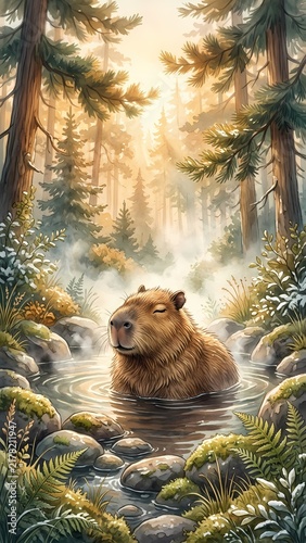 capybara relaxing in a steaming geothermal pool