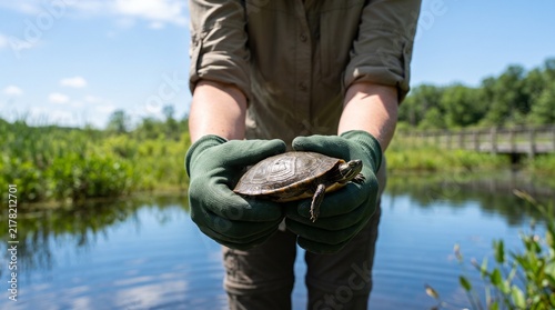 Person holding small freshwater pond turtle during wetland wildlife conservation