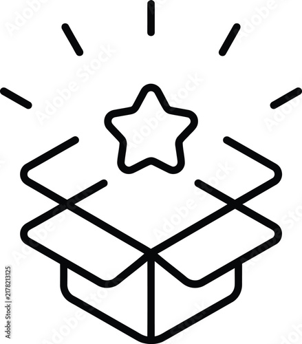 Open cardboard box with glowing star reward outline icon cardboard delivery shipping surprise unboxing