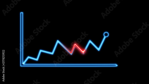 Konstfotografi Blue neon line graph with a red dip on a black background chart