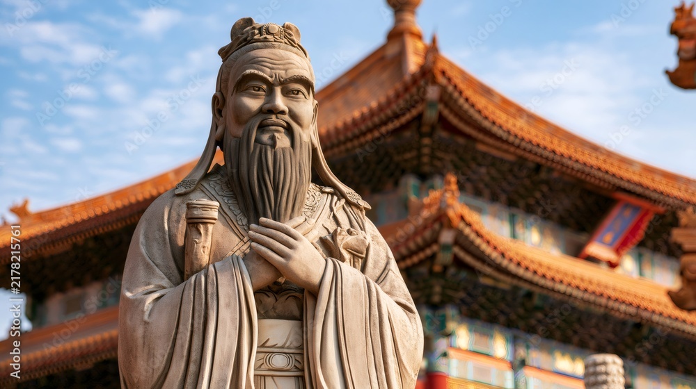 Fototapeta premium Confucius statue standing in front of traditional chinese temple