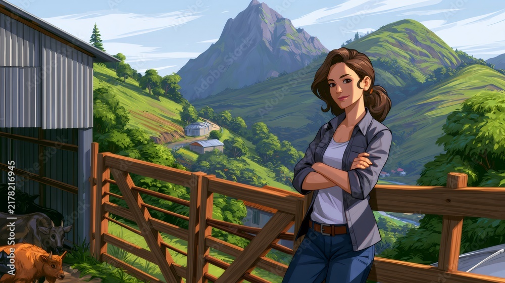 Fototapeta premium Female farmer standing on ranch with mountain view