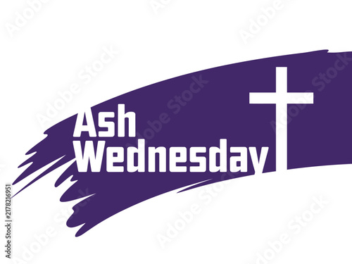 Ash wednesday religious graphic illustration with white cross symbol on purple brush stroke background