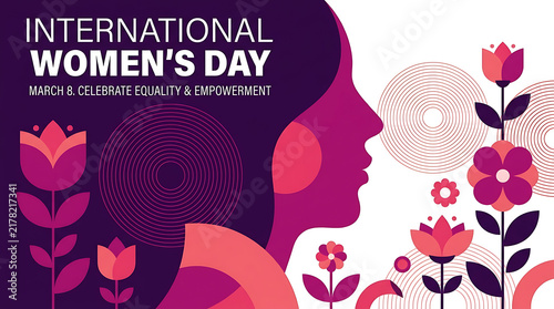 International womens day flat vector illustration with profile of woman and colorful spring flowers