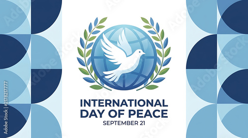 International day of peace poster design featuring a white dove and olive branch over a blue globe