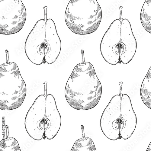 Seamless pattern with pears and halves of pears with seeds. Everything is hand-drawn in ink. Vintage-style vector fruit illustration for fabric design, wallpaper, packaging and printing.