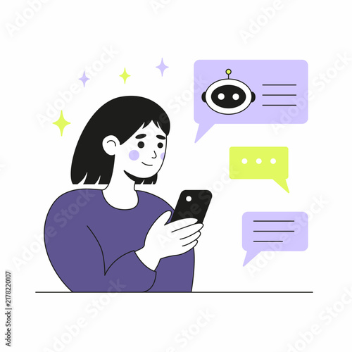 AI assistant chatbot cartoon style. AI robot chatbot communicating with a female human customer service agent, online assistance, technical support concept. Vector illustration