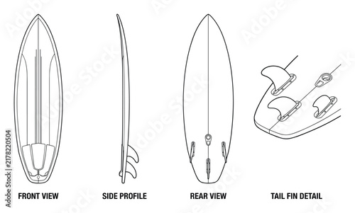 Surfboard with fins displayed from front side rear and tail fin detail views.