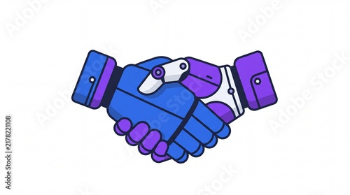 Minimalist line art icon of a smart robot hand handshake, AI partnership concept