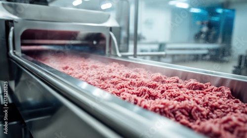 Ground Pork Pack Ground meat is processed on a conveyor belt inside a clean industrial food production facility.