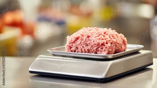 Ground Pork Pack Raw ground meat placed on a digital scale in a kitchen or store setting, ready for weighing or sale.
