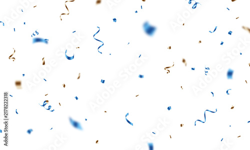 The background is adorned with bright blue confetti, perfect for celebrations. A beautiful festive decoration vector illustration.